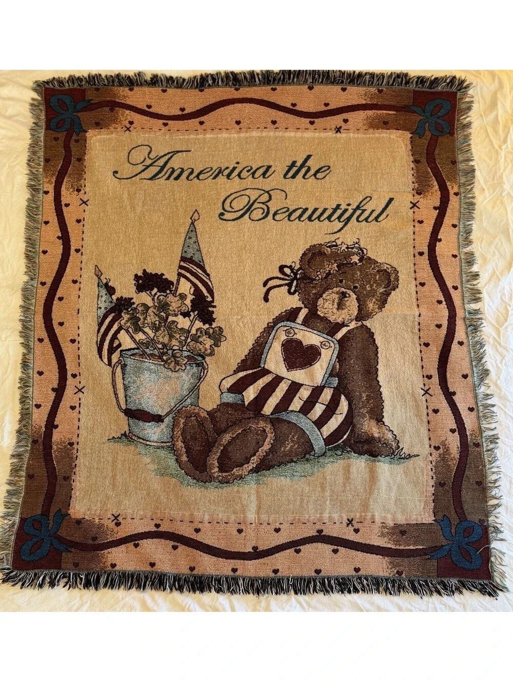 VTG America The Beautiful Tapestry Throw Blanket Patriotic Teddy Bear Heart EUC